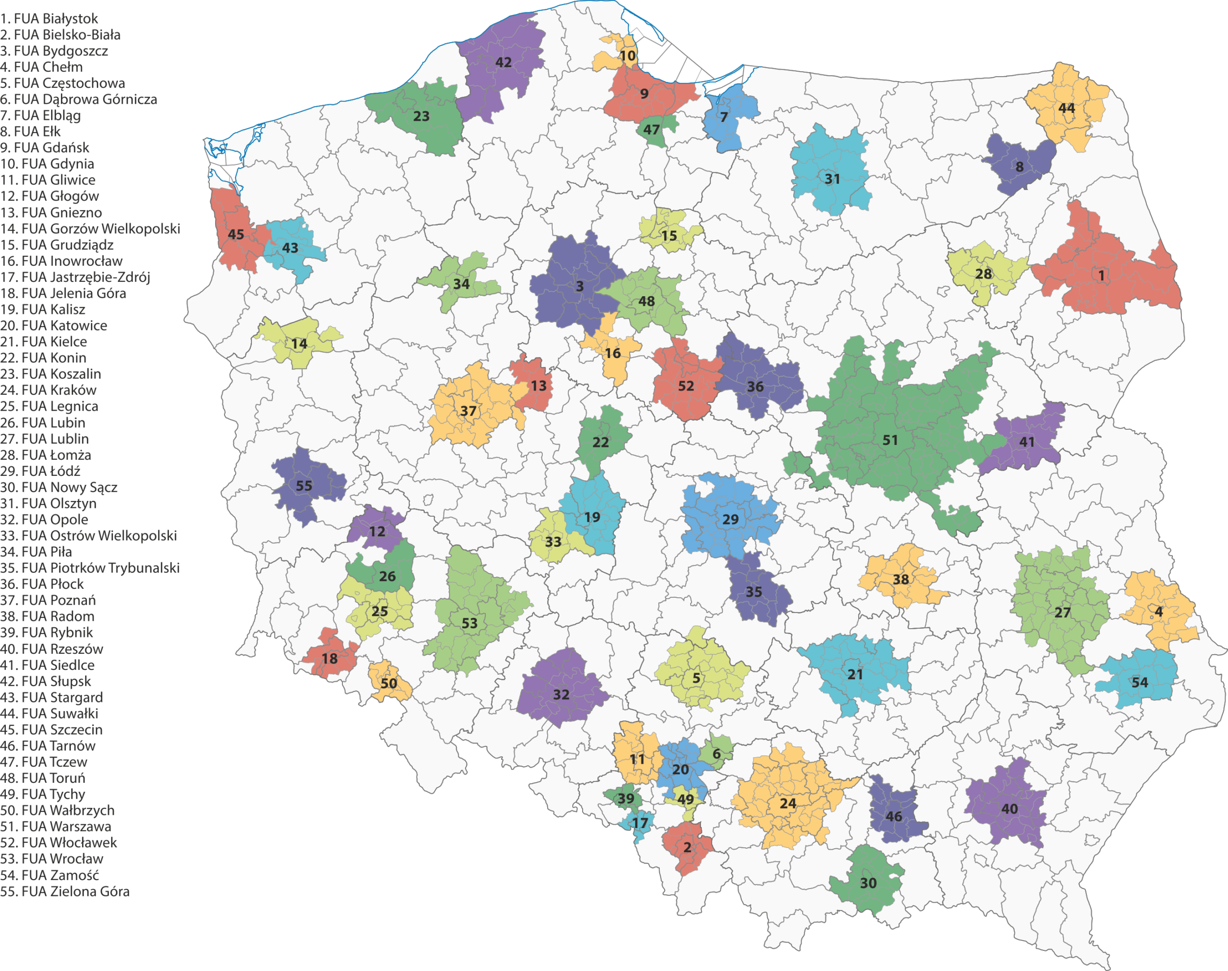 Funkcjonalne obszary miejskie (FUA) w Polsce w 2023 roku (źródło: GUS).
