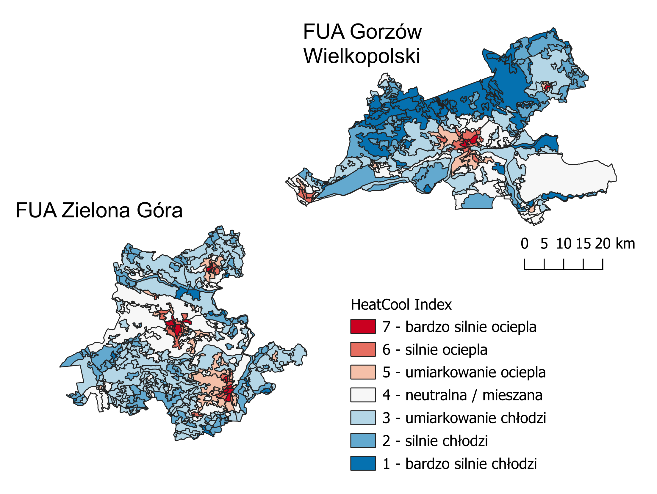 Klasy jednostek krajobrazowych według skalowanego efektu chłodzenia/nagrzewania SUHI. Źródło: IGiK
