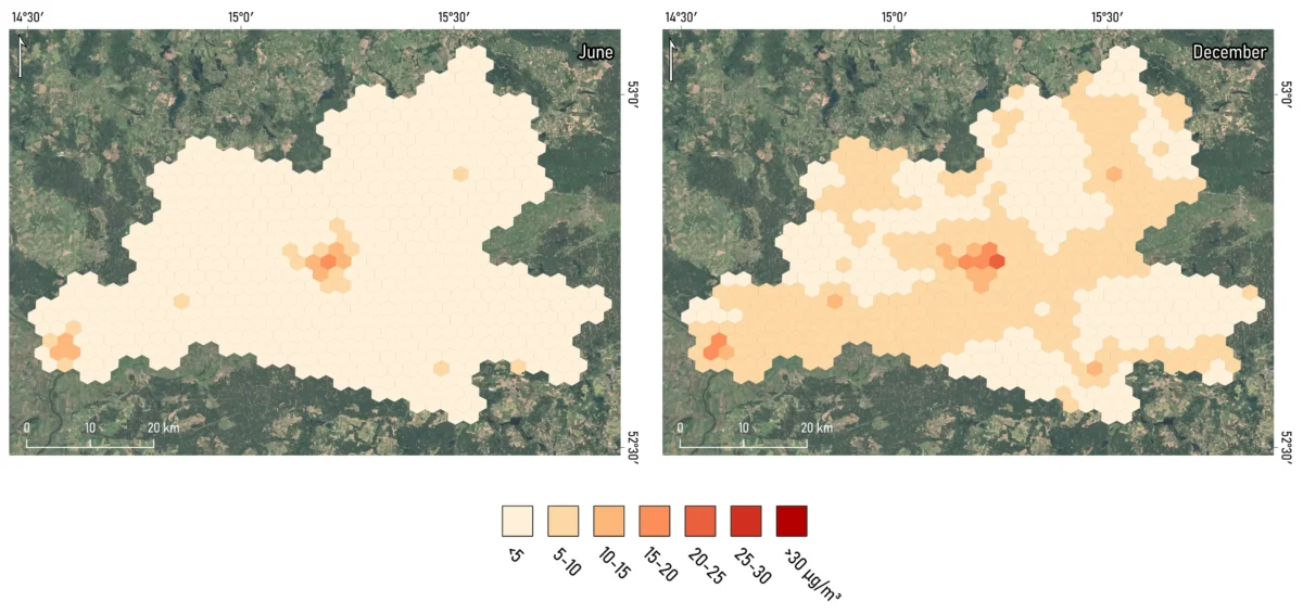 Porównanie średniego stężenia miesięcznego w Gorzowie Wielkopolskim w 2024 w miesiącu letnim (czerwiec – po lewej) i zimowym (grudzień - po prawej). Źródło: IGiK.